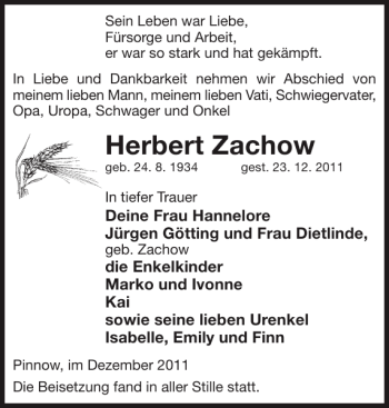 Traueranzeige von Herbert Zachow von Zeitung für die Landeshauptstadt