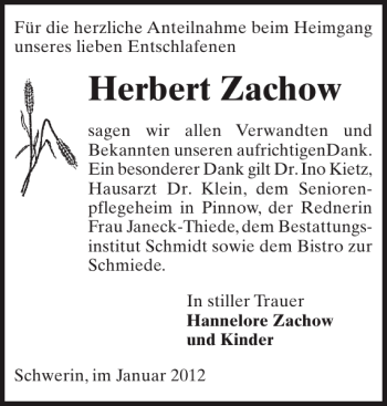 Traueranzeige von Herbert Zachow von Zeitung für die Landeshauptstadt