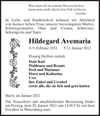 Traueranzeige von Hildegard Avemaria von Hagenower Kreisblatt