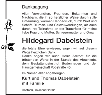 Traueranzeige von Hildegard Dabelstein von Norddeutsche Neueste Nachrichten