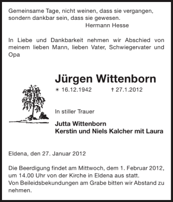 Traueranzeige von Jürgen Wittenborn von Ludwigsluster Tageblatt