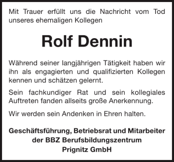 Traueranzeige von Rolf Dennin von Der Prignitzer