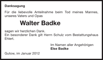 Traueranzeige von Walter Badke von Güstrower Anzeiger