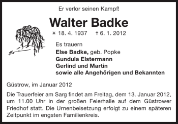 Traueranzeige von Walter Badke von Güstrower Anzeiger