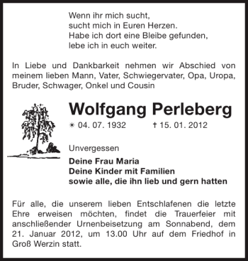 Traueranzeige von Wolfgang Perleberg von Der Prignitzer