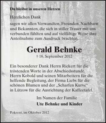 Traueranzeige von Gerald Behnke von Gadebusch-Rehnaer Zeitung