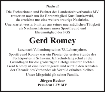 Traueranzeige von Gerd Romey von Zeitung für die Landeshauptstadt