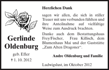 Traueranzeige von Gerlinde Oldenburg von Ludwigsluster Tageblatt