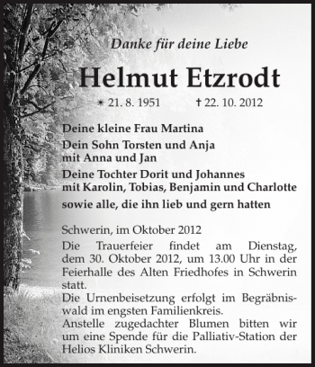 Traueranzeige von Helmut Etzrodt von Zeitung für die Landeshauptstadt