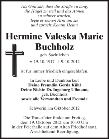 Traueranzeige von Hermine Valeska Marie Buchholz von Zeitung für die Landeshauptstadt