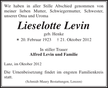 Traueranzeige von Lieselotte Levin von Der Prignitzer