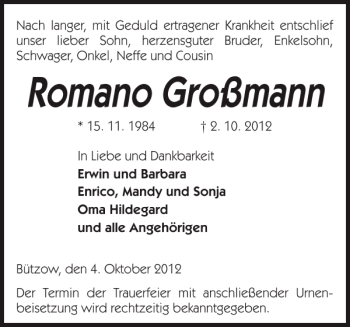 Traueranzeige von Romano Großmann von Bützower Zeitung