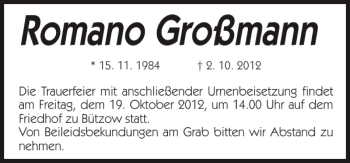 Traueranzeige von Romano Großmann von Bützower Zeitung