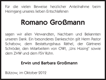 Traueranzeige von Romano Großmann von Bützower Zeitung