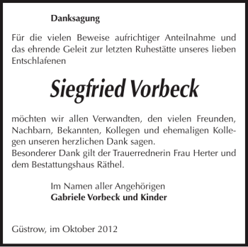 Traueranzeige von Siegfried Vorbeck von Güstrower Anzeiger