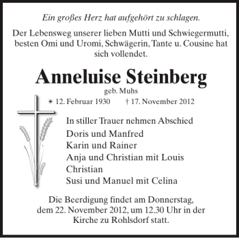 Traueranzeige von Anneluise Steinberg von Der Prignitzer