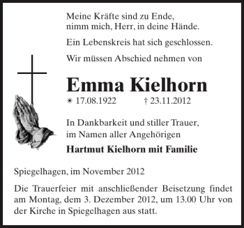 Traueranzeige von Emma Kielhorn von Der Prignitzer