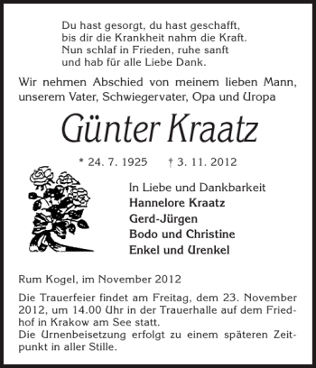 Traueranzeige von Günter Kraatz von Güstrower Anzeiger