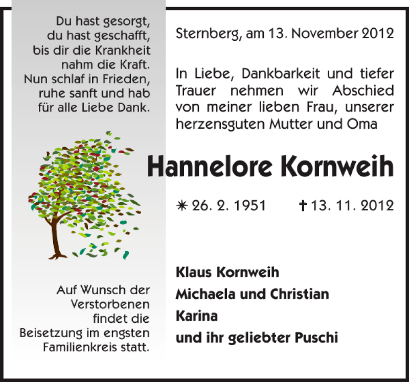  Traueranzeige für Hannelore Kornweih vom 16.11.2012 aus Anzeiger für Sternberg - Brüel - Warin