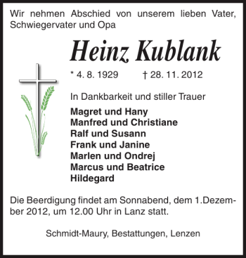 Traueranzeige von Heinz Kublank von Der Prignitzer