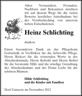 Traueranzeige von Heinz Schlichting von Gadebusch-Rehnaer Zeitung