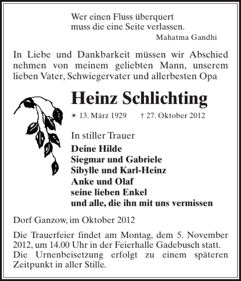  Traueranzeige für Heinz Schlichting vom 01.11.2012 aus Gadebusch-Rehnaer Zeitung