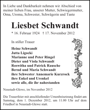 Traueranzeige von Liesbet Schwandt von Ludwigsluster Tageblatt