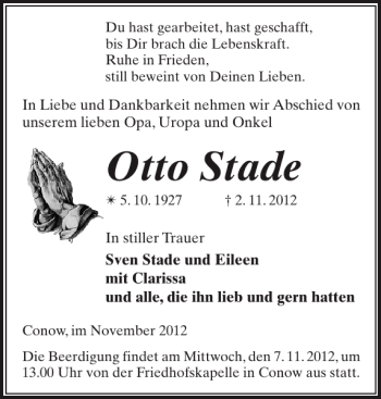 Traueranzeige von Otto Stade von Ludwigsluster Tageblatt