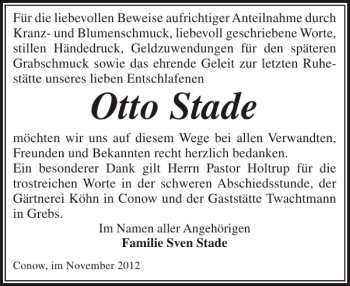 Traueranzeige von Otto Stade von Ludwigsluster Tageblatt