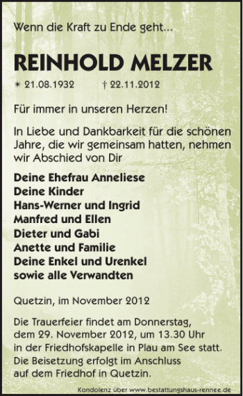 Traueranzeige von REINHOLD MELZER von Zeitung für Lübz - Goldberg - Plau