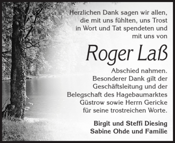 Traueranzeige von Roger Laß von Güstrower Anzeiger