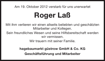 Traueranzeige von Roger Laß von Güstrower Anzeiger