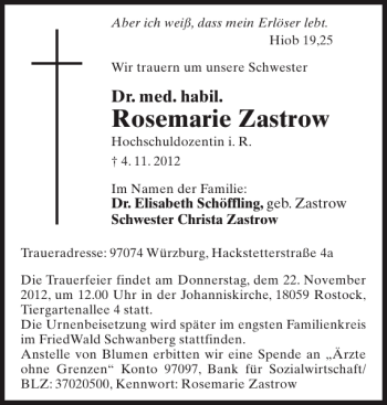 Traueranzeige von Rosemarie Zastrow von Norddeutsche Neueste Nachrichten