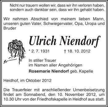 Traueranzeige von Ulrich Niendorf von Ludwigsluster Tageblatt