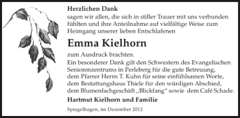 Traueranzeige von Emma Kielhorn von Der Prignitzer