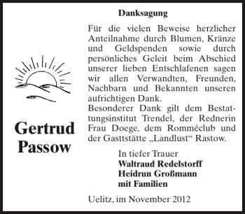 Traueranzeige von Gertrud Passow von Zeitung für die Landeshauptstadt