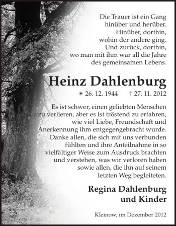 Traueranzeige von Heinz Dahlenburg von Der Prignitzer