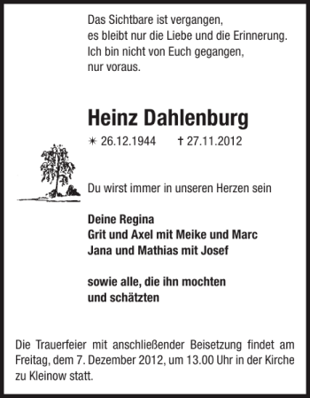 Traueranzeige von Heinz Dahlenburg von Der Prignitzer