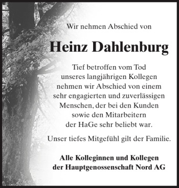 Traueranzeige von Heinz Dahlenburg von Der Prignitzer