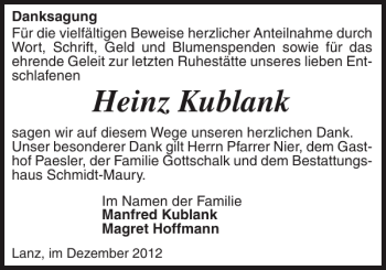 Traueranzeige von Heinz Kublank von Der Prignitzer