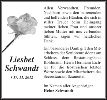 Traueranzeige von Liesbet Schwandt von Ludwigsluster Tageblatt