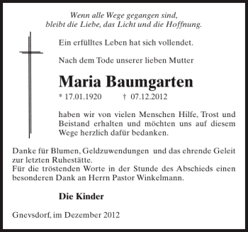 Traueranzeige von Maria Baumgarten von Zeitung für Lübz - Goldberg - Plau