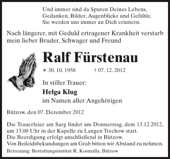 Traueranzeige von Ralf Fürstenau von Bützower Zeitung