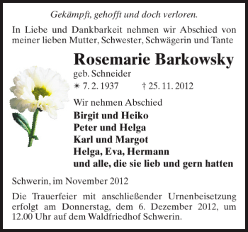 Traueranzeige von Rosemarie Barkowsky von Zeitung für die Landeshauptstadt