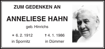 Traueranzeige von ANNELIESE HAHN von Hagenower Kreisblatt