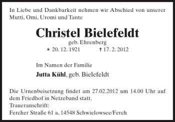 Traueranzeige von Christel Bielefeldt von Zeitung für die Landeshauptstadt