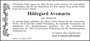 Traueranzeige von Hildegard Avemaria von Hagenower Kreisblatt