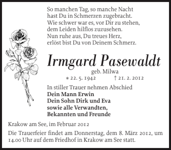 Traueranzeige von Irmgard Pasewaldt von Güstrower Anzeiger