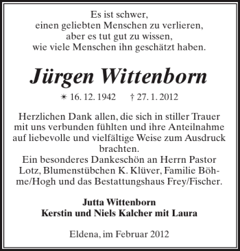 Traueranzeige von Jürgen Wittenborn von Der Prignitzer