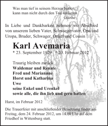 Traueranzeige von Karl Avemaria von Hagenower Kreisblatt